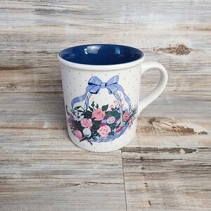 Vintage 1993 Creative Concepts Flower Basket Mug Blue Interior Polka Dot Korea
